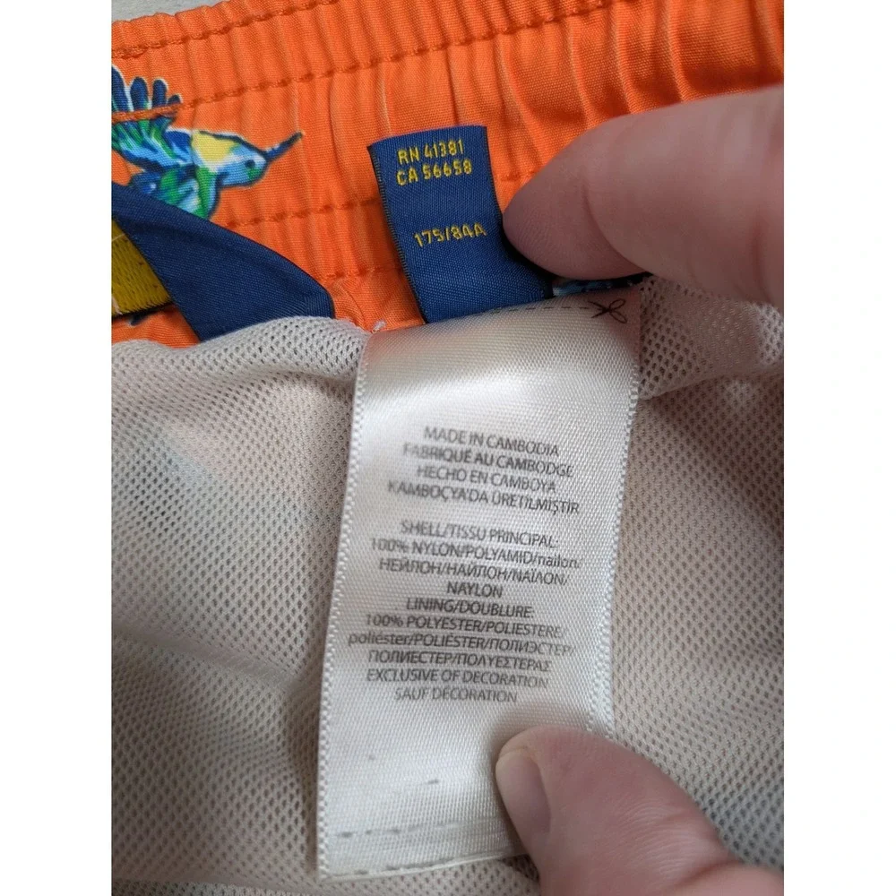 Polo Ralph Lauren Swim Trunks Mens M Hummingbird Print Orange Drawstring Beach